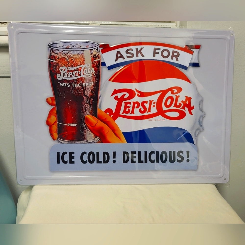 Pepsi Cola Licensed Novelty Hem Wrapped Embossed Metal Tin Poster